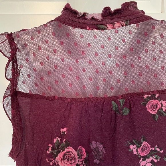 Burgundy Floral Lace Mesh Tie Neck Sleeveless - Picture 9 of 11